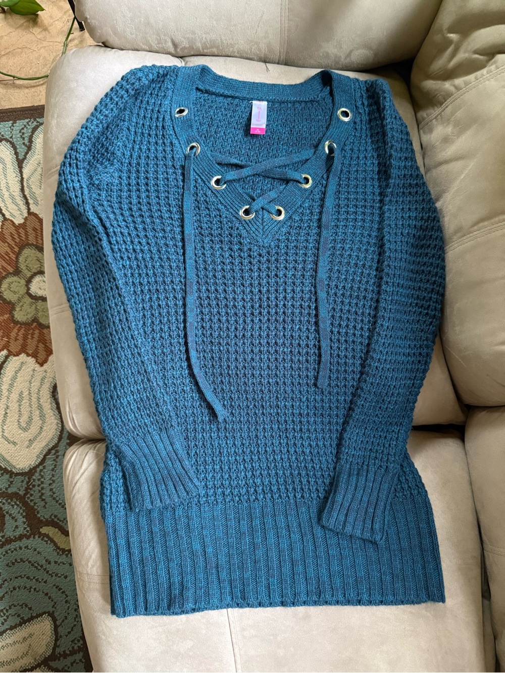 No Boundaries Teal Lace-Up V-Neck Knit Sweater